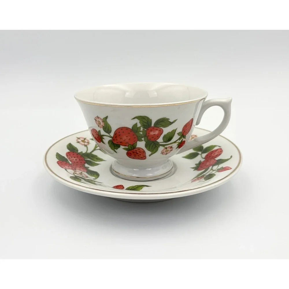 Vintage Teleflora Strawberry Vine Tea Cup and Saucer Set Gold Rim Cottagecore